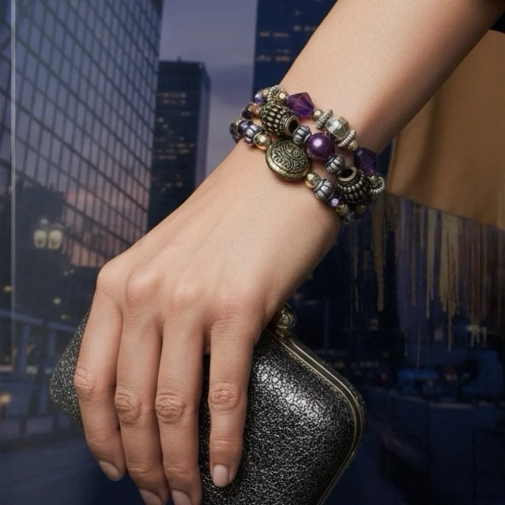 3 Piece Elegant Purple Beaded Bracelet‎